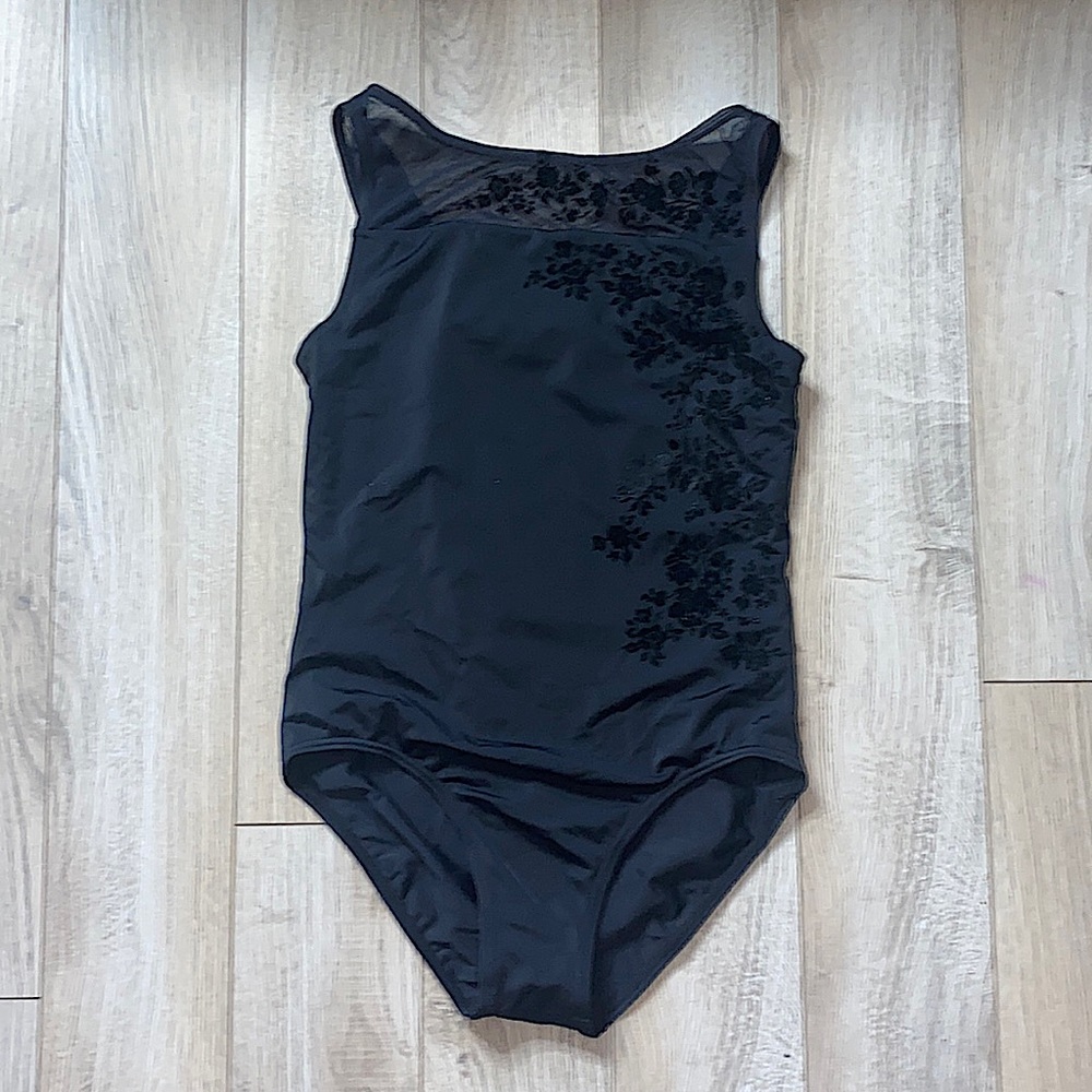 Black Capezio leotard w/ flowers and mesh.